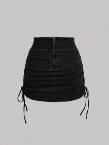SHEIN MOD Gonna di jeans mini tinta unita minimalista casual per taglie forti - nero - Visualizzare 2