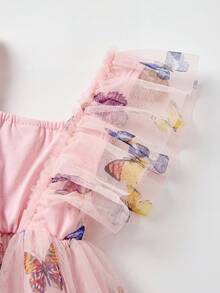 SHEIN Glamorique Kids Đầm công chúa cho bé gái, họa tiết bướm hồng, tay loe, đầm lưới hồng, dễ thương, thích hợp đi nghỉ mát, đầm mùa hè. - Hồng - Xem 8