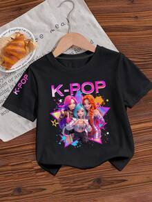 Set de 3 piezas de moda casual de verano para niñas jóvenes, con diseño creativo y personalizado, de estilo minimalista y fresco, con estampados de estrella de pentágono, letras y eslóganes, en una combinación de blusas de manga corta, cómoda para uso diario, estilo de verano, adecuado para niñas - Rosa - Ver 3
