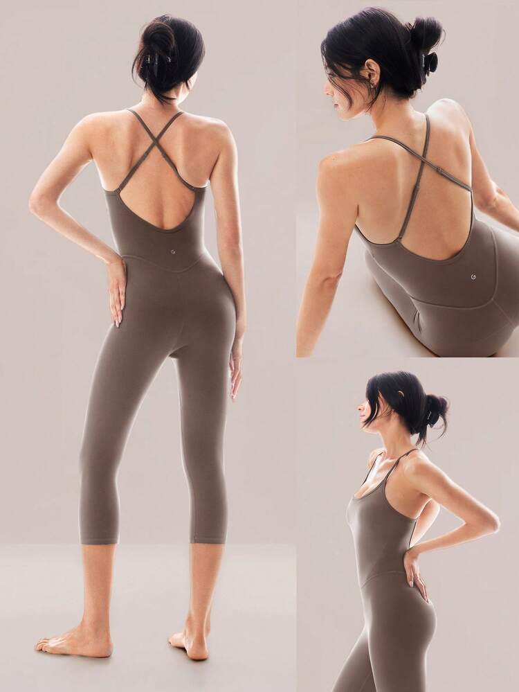 17" FeatherFit™ Rise And Shine Buttery-Soft Sweat-Wicking Crisscross Open Back Tummy Control Removable Cups Bodysuit Low Impact Yoga Studio Daily Wear