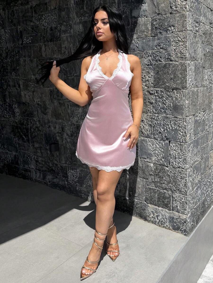 Vassilux Vestido ajustado de línea A con escote en V y ribete de encaje para mujer, rosa, sexy y elegante para fiesta de primavera - Rosa - Ver 1