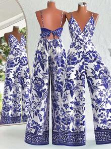 Sweetra Áo liền quần nữ cỡ lớn kiểu retro giản dị phong cách boho, họa tiết hoa nhiệt đới lãng mạn, dây mảnh, xếp ly phía trước, cổ buộc dây, ống rộng, thích hợp cho đi biển, nghỉ mát, mùa hè. - Màu tím - Xem 2