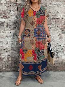 EMERY ROSE Spring Summer Women Plus Size Boho Floral Print V-Neck Short Sleeve Dress,Split Hem Design,Casual Vacation Outfits & Daily Wear - Multicolor - View 3