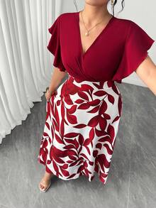 Elenzga Plus Size Women's Elegant White Leaf Pattern Ruffle Cap Sleeve Fitted Fla Dress, Spring/Summer Romantic Sundress, Wedding Vacation Party Guest Dress - Red - View 6