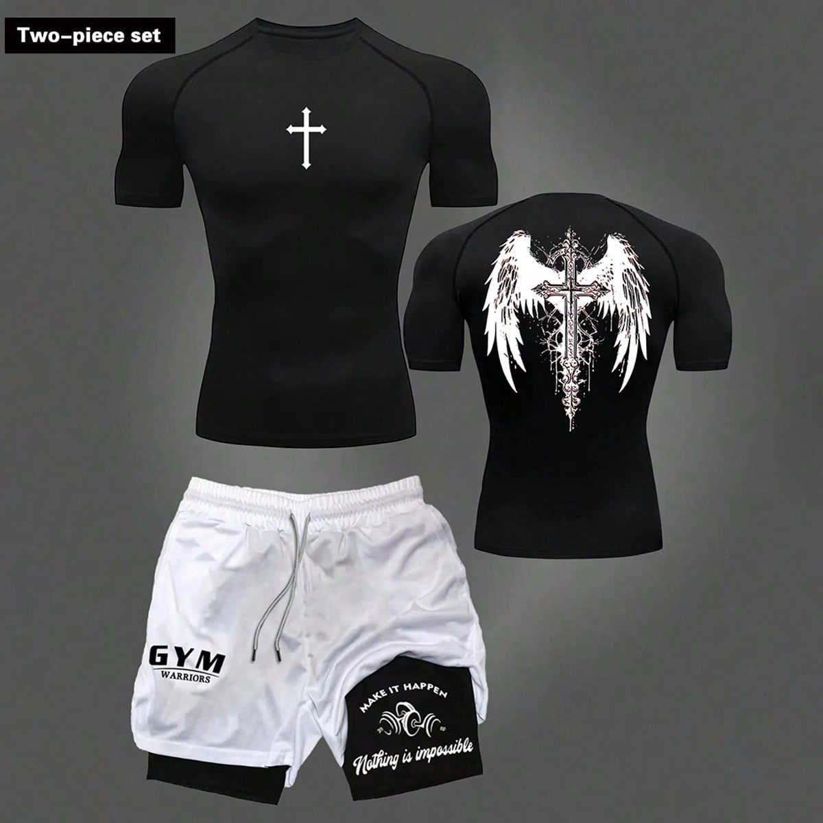 Conjunto deportivo de hombre con top de manga corta estampado minimalista y pantalones cortos, para gimnasio