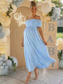 Loomaby Elegant Solid Color Off-Shoulder Maternity Dress,Gender Reveal Dress,Maternity Dress,Baby Shower Dress - Blue - View 4