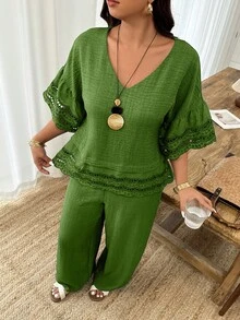 Weeklong Women Plus Size Floral Trim Sleeve & Hem Round Neck Loose Top And Straight Leg Pants 2 Pieces Set, Suitable For Vacation And Daily Wear, Spring/Summer - Army Green - View 6