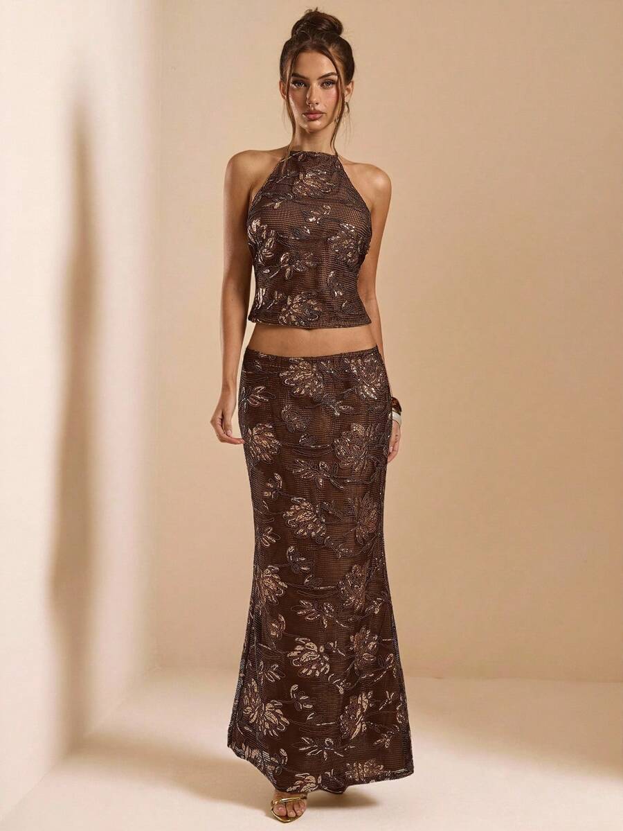 SHEIN BAE Women's Vacation Sequin Embroidered Shiny Fish Tail Skirt - Brown - View 1