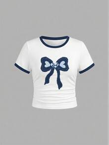 SHEIN Girlism Conjunto informal de moda callejera para niña preadolescente con camiseta blanca con lazo de estampado de leopardo y pantalones con estampado de leopardo - Multicolor - Ver 3