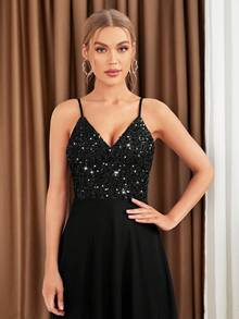 SHEIN Belle Váy phù dâu hai dây đính sequin và họa tiết chắp vá - màu đen - Xem 5