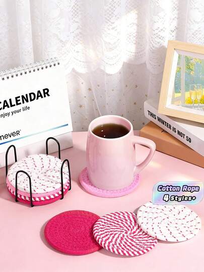 8pcs Pack Coasters With Holder, Minimalist Table Woven Coasters, Kitchen Table Heat-Resistant Coasters And Thick Insulation Pads For Kitchen Decor,4 Colors Assorted Coaster Set For Home Decor, Living Room Decor, Kitchen Decor Tabletop Protection Suitable For Kinds Of Cups, Christmas For Holiday Gift Giving