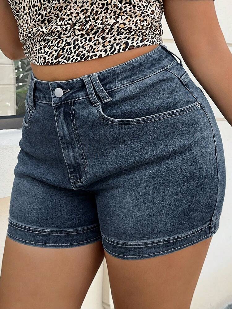 Dazy Plus Washed Distressed Elastic Fitted Sexy Minimalist Cropped Denim Shorts, Versatile Spring/Summer, Plus Size Women