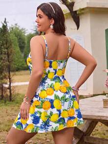 SHEIN Swim Curve 2 pièces Grande taille Femme imprimé citron fruit en deux pièces avec dos nageur, taille fendue et coupe asymétrique. Tankini et robe décontracté mignonne pour les vacances d'été - Multicolore - Voir 2