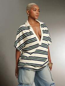 Denimoi Plunge Neck Collared Oversized Striped Polo Top Fashionable Tops - Green - View 4