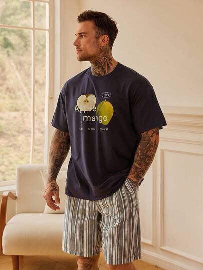 DAZY Men's Letter Print Short Sleeve Top And Shorts Pajama Set