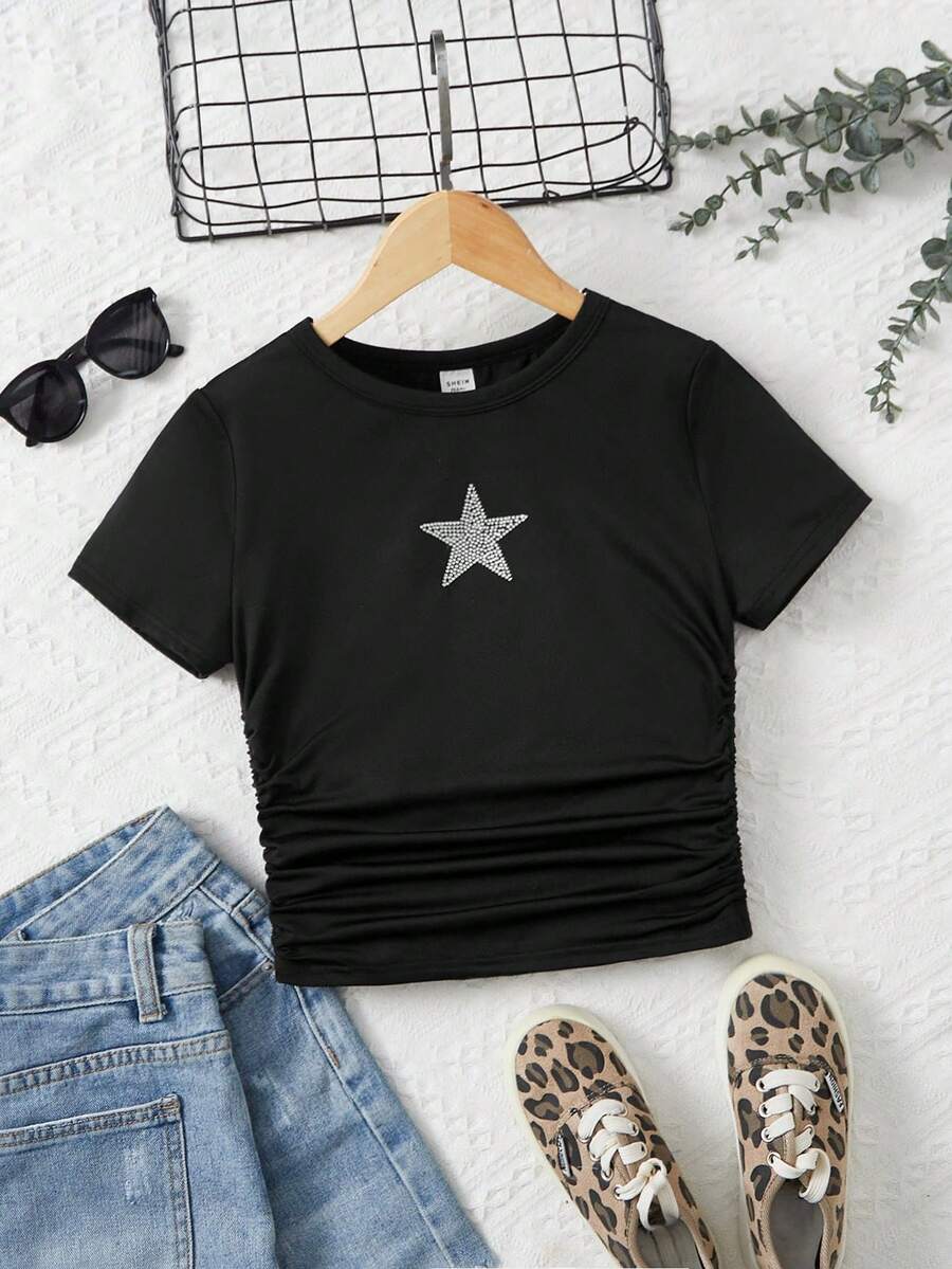 Leap Crew Teen Girls Rhinestone Star Pattern Ruched Side Tee - Black - View 1