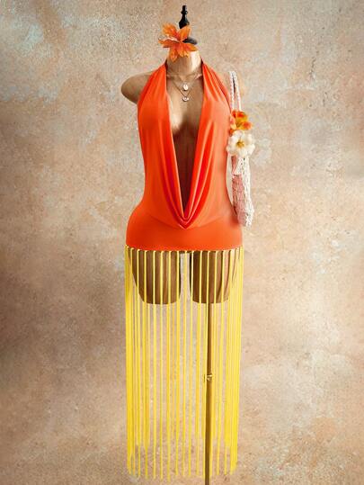Mistrie New Y2K Style Pure Color Fashionable Sexy Sway Neck Hollow Out Large Backless Fringed Vest,Off-The-Shoulder, Three-Dimensional Wavy Stripes, Tassel, Short, Yellow, Slim Fit, Sexy, Vacation Outing, Casual Party Outfit, Women's Clothing