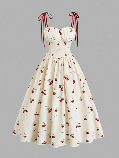 Sweetra Vestido de tirantes con estampado de cerezas elegante y romántico para mujer de talla grande, adecuado para uso casual diario, citas, salidas, temporada de bodas, regreso a la escuela, con cintura ceñida, dulce, vestido para citas de mujer, vestido de verano de mujer, atuendo para luna de miel de mujer, vestido de invitada de boda de mujer, atuendo para vacaciones en la isla, vestido de invitada de boda de mujer, vestido de mujer, vestido de fiesta elegante, vestido de cumpleaños de mujer
