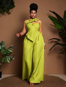 Maweii Mono de pierna ancha con volantes y escote bandeau en color negro, talla grande y estilo retro sexy - Verde - Ver 5