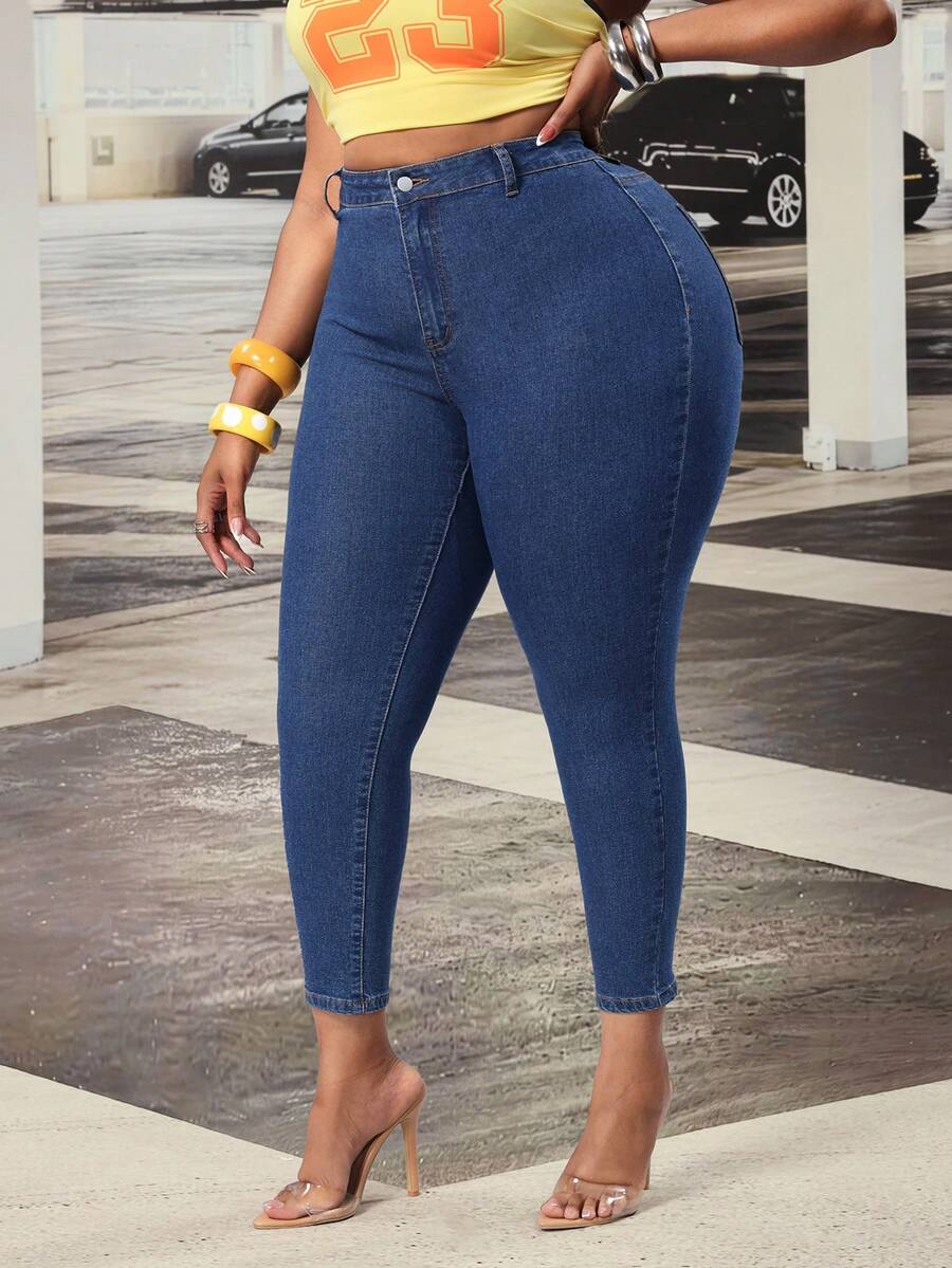 Jeanoix Plus Size Solid Color Slim Fit Comfortable Breathable Versatile Casual Jeans - Dark Wash - View 1