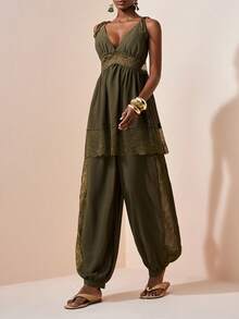 Zivah 2026 Elegant Bohemian Style Beach Vacation Vacation Sheer Chiffon Contrast Lace Set, Camisole Top+Lantern Pants, Lantern Olive Green Summer - Army Green - View 8