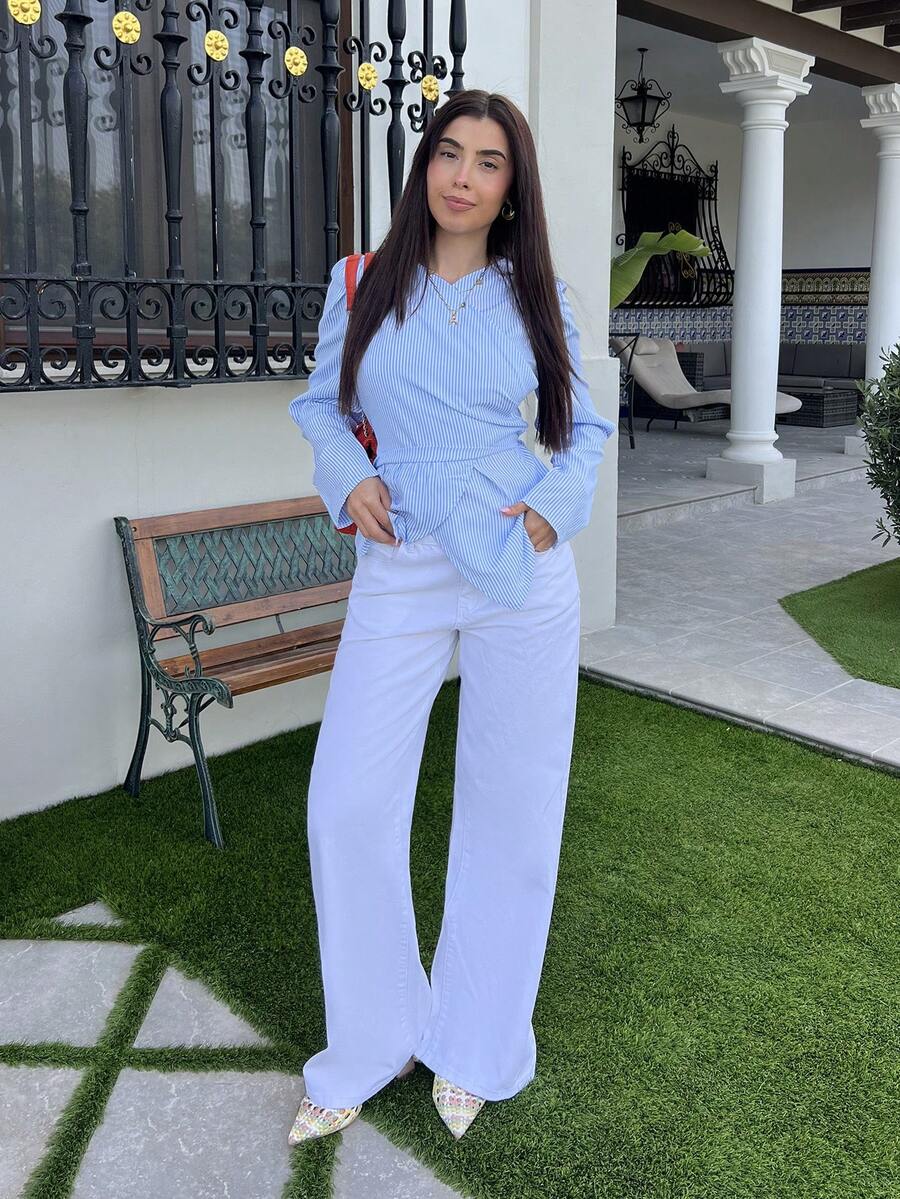 Hitanina Women's Blue And White Striped Cinched Waist Shirt, Autumn/Winter Peplum Blouse Light Blue Blouse Puff Sleeve Blouse Women Blouses Elegant Lantern Sleeve Blouse Casual Spring - Blue and White - View 1