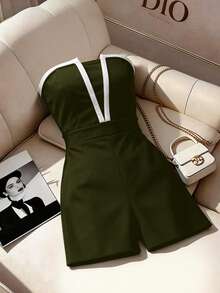 Franclia Elegant Women's Summer Tube Top Jumpsuit,Dark Green Color-Blocked Short Romper With V-Neck Embellishment,Waist-Cinching Brunch And Party Outfits - Dark Green - View 5