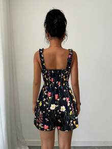 Elenzga 女士杏色底多色印花荷叶边吊带方领系腰连体裤，优雅精致，适合情人节、复活节、劳动节、生日、约会、派对、正式场合、教师装、旅行、春夏穿着。 - 黑色 - 查看 2