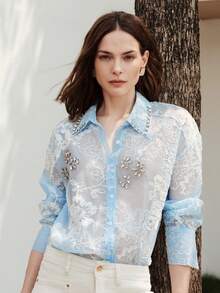 Aveloria Modichic Women's Light Blue Floral Autumn Elegant Romantic Tea Party High Tea Blouse Sheer Embroidered Rhinestone Turndown Collar Open Front Long Sleeve - Blue - View 6
