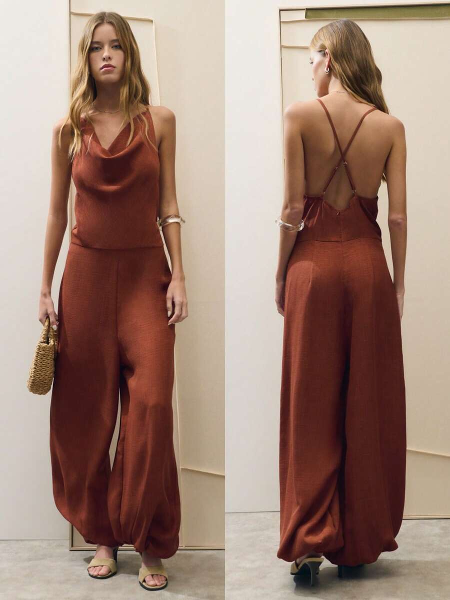 Nöista Rust Brown Halter Jumpsuit With Wide-Leg Fit For Vacation, Dinner Dates And Occasions. - Rust Brown - View 1
