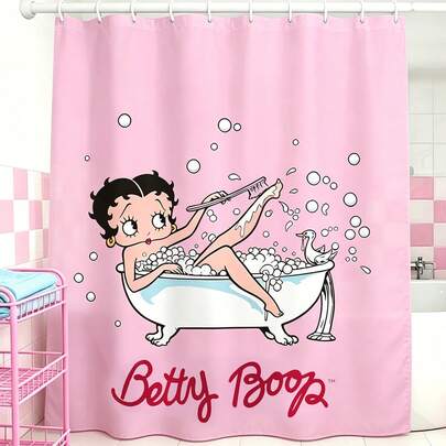 Betty Boop x SHEIN 1 件装，卡通图案防水浴帘，适用于浴室隔断，带挂钩，家用浴室装饰帘，四季通用浴帘