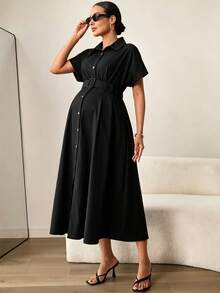 MaterniWear 夏季孕妇纯色短袖前扣休闲长连衣裙 - 黑色 - 查看 7
