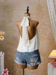 Femesol Áo kiểu cổ yếm màu vàng, áo sơ mi dáng chữ A thanh lịch với viền bèo nhún, áo sơ mi công sở màu vàng nhạt hở lưng, thích hợp cho kỳ nghỉ biển. - trắng - Xem 2