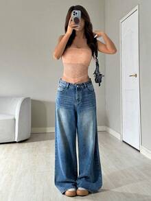 SHEIN EZwear 橙色蕾丝拼接不对称下摆性感露肩短款背心，春夏款 - 橘色 - 查看 5
