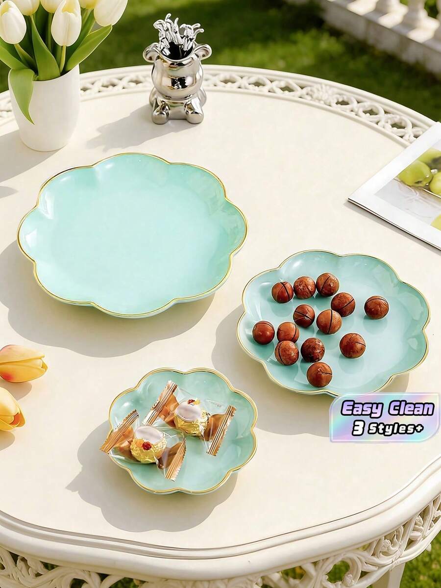 SHEIN 1pc Flower Shaped Gold Rimmed Tray, Multi-Purpose - Mint Green - View 1