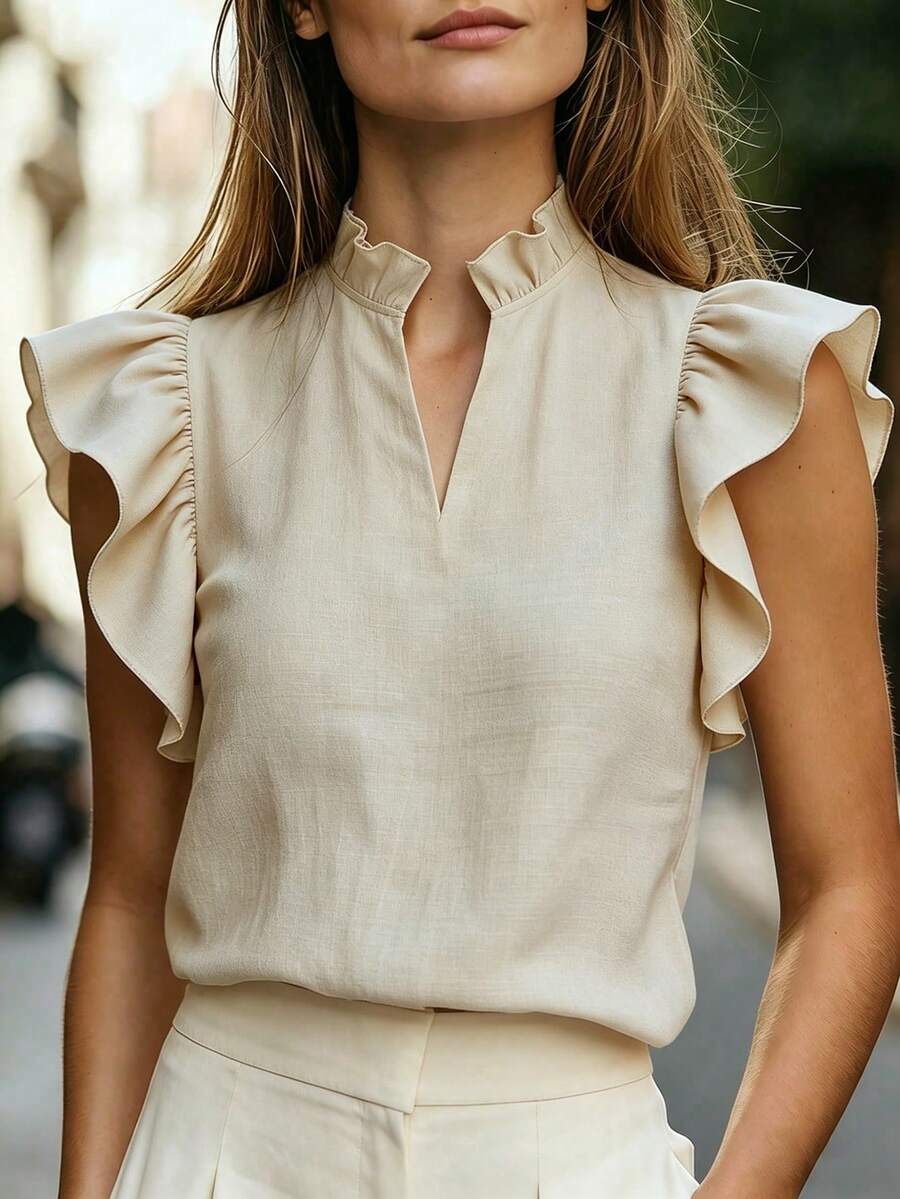 SHEIN Áo kiểu nữ tay ngắn cổ chữ V thanh lịch, đa năng, phù hợp mặc hàng ngày, công sở, dã ngoại và đi nghỉ mát. - Màu be - Xem 1