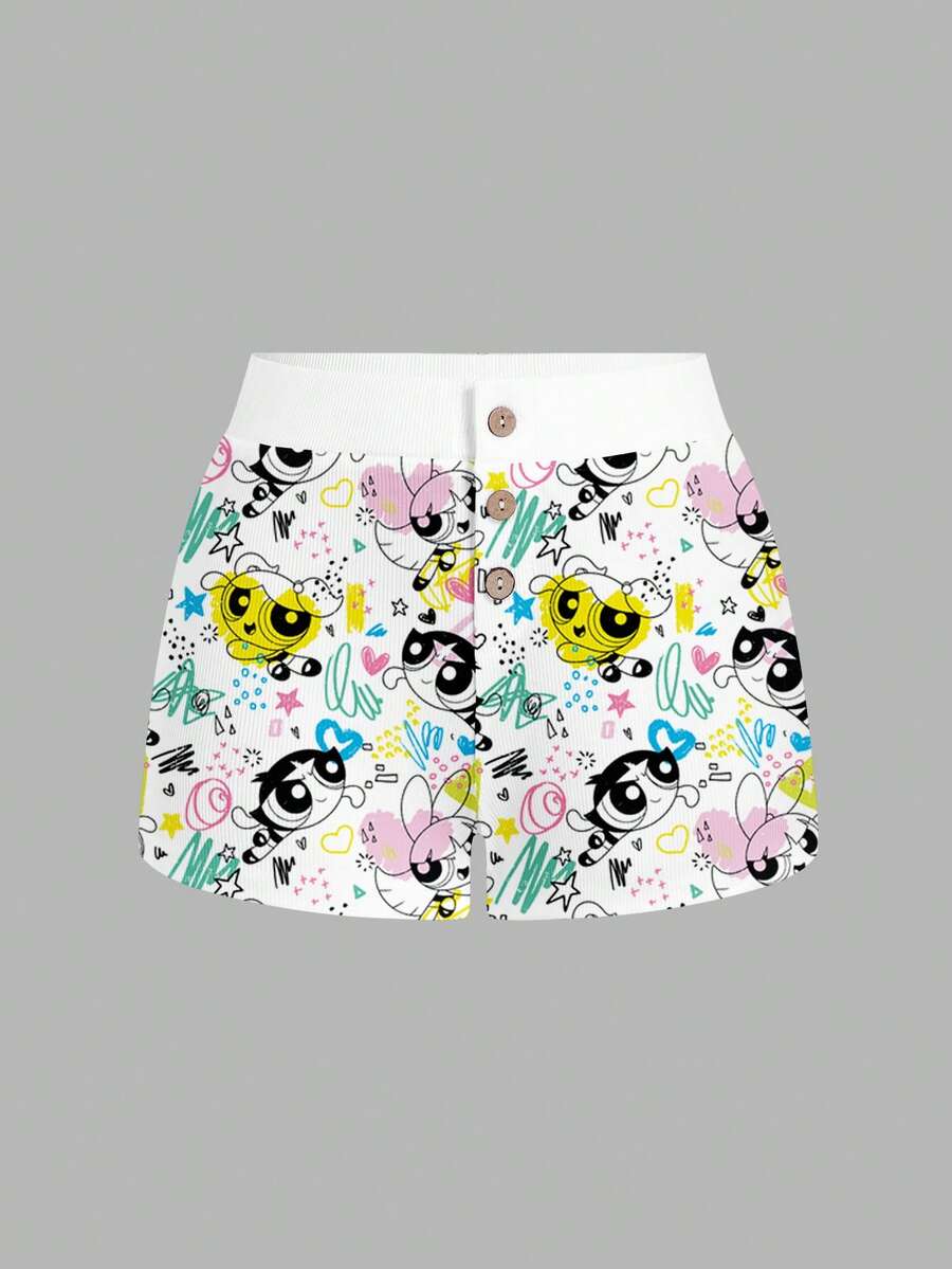 Sweetina THE POWERPUFF GIRLS X SHEIN 女士罗纹舒适卡通印花联名休闲短裤,适合外出、街头、机场、居家穿着 - 彩色 - 查看 1