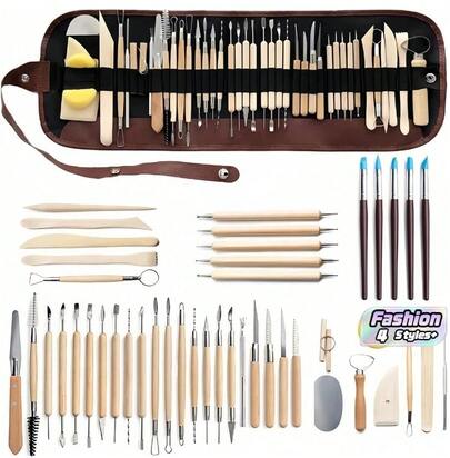 41/45件套木柄陶艺雕塑工具套装，适用于陶瓷、聚合物粘土和塑料粘土 - 无动力雕刻、成型和造型工具套装