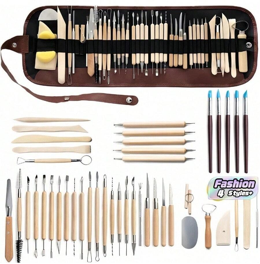 Bộ dụng cụ làm gốm và điêu khắc cán gỗ 41/45 món, thích hợp cho gốm sứ, đất sét polymer và đất sét nhựa - Bộ dụng cụ chạm khắc, tạo hình và nặn không dùng điện. - Nhiều màu - Xem 1