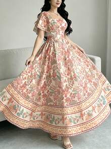 Vestido bohemio vintage con estampado floral para mujer, escote cuadrado, mangas abullonadas, dobladillo con volantes - Multicolor 3 - Ver 4