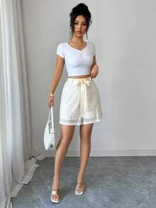 Selianne Spitzen-Shorts für Frauen in eleganter, romantischer Optik mit Schleifendekor in Unifarbe - Aprikosenfarben - Übersicht 7