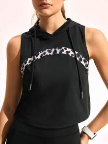 Exploreva Áo tank top có mũ trùm đầu, dây rút, họa tiết da báo - Nhiều màu - Xem 5