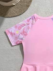 SHEIN 少女夏季休闲碎花连体泳衣 - 淺粉色 - 查看 4