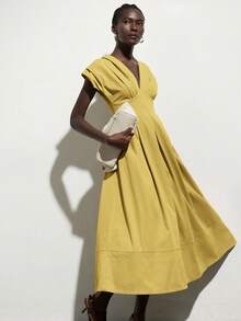 Aveloria Modichic Vestido con hombros acolchados, mangas cortas, cintura ceñida y pliegues, vestido largo en tonos beige para mujeres - Amarillo - Ver 6