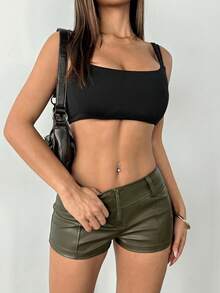SHEIN PETITE 女款純色拉鍊前開襟休閒短褲，極短褲，適合嬌小女性 - 墨綠色 - 查看 3