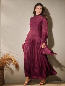 Anewsta Women's Long Dress With Pleated Design, Elegant And Fashionable Formal Gown Fall - Burgundy - View 6