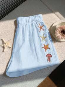 Comfortcana 2026 Primavera/Verano Pantalones cortos de mujer 100% algodón azul con estampado de estrellas de mar, adecuados para invierno, Pascua, fiesta, playa, boda, graduación, elegante, casual, vacaciones, deportes, formal, estilo Y2K, negocios, decorados con lentejuelas, flecos, volantes, flores, estampados y estrellas de mar - Azul - Ver 6