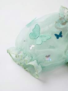 SHEIN Glamorique Kids 小女孩公主裙，3D蝴蝶花朵网纱裙，绿色薄纱裙，泡泡袖，生日派对，婚礼节日正式礼服 - 綠色 - 查看 8