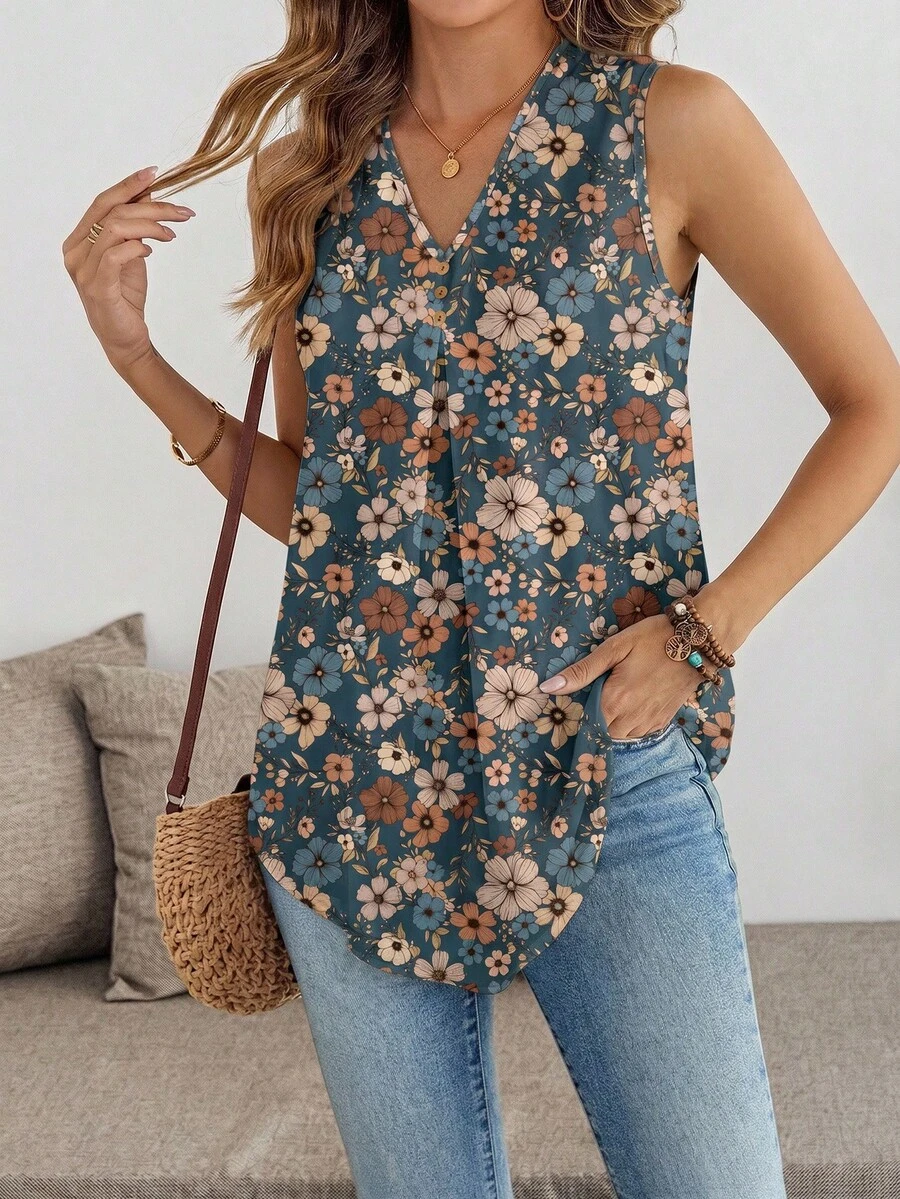 EMERY ROSE Camiseta de tirantes con estampado floral para mujer de talla grande, adecuada para uso en verano. Blusa sin mangas de escote en V de talla grande, adecuada para el verano - Multicolor - Ver 1