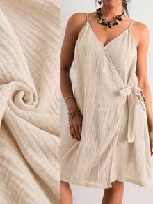 SHEIN VCAY Plus Size Casual Solid Color Drawstring Wrap Cami Dress, Beach Dress, Holiday Outfit, Bohemian Style - Apricot - View 6